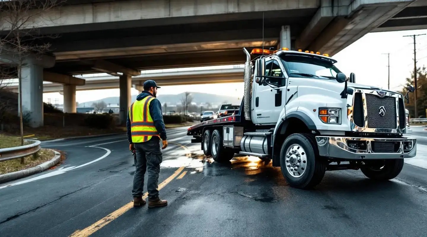 A driver standing beside a flatbed tow truck