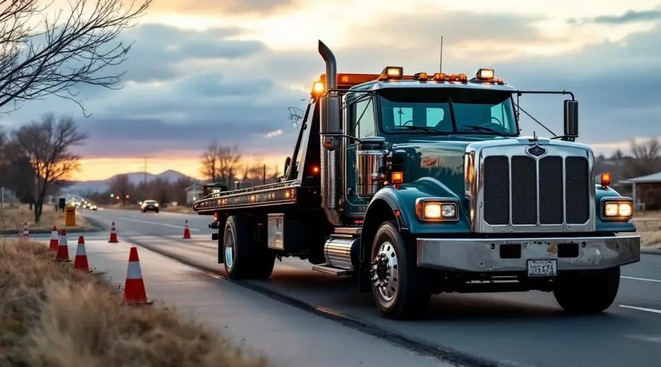 A green flatbed tow truck
