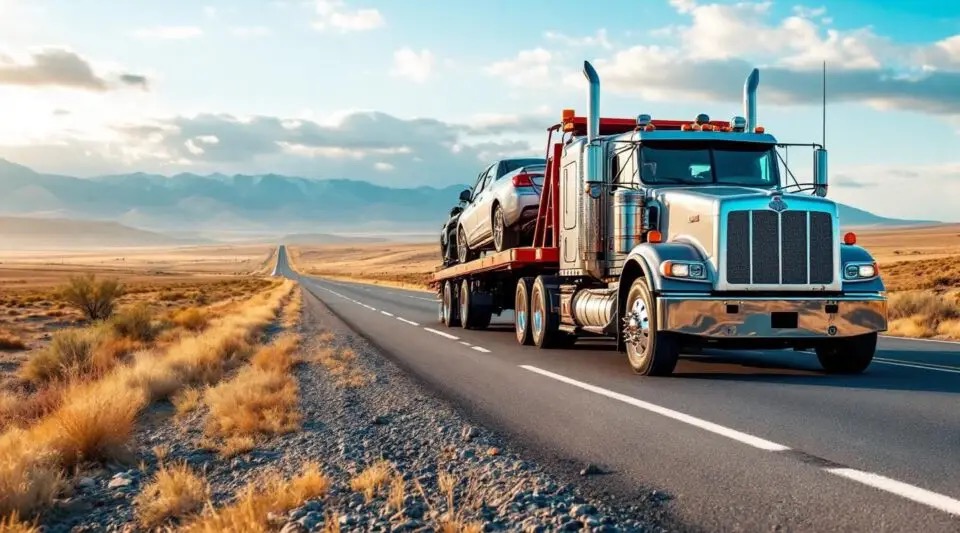 A flatbed hauling a car down a desert highway