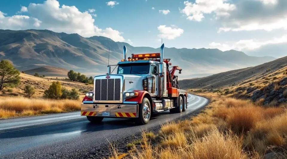 A wrecker driving a mountain highway